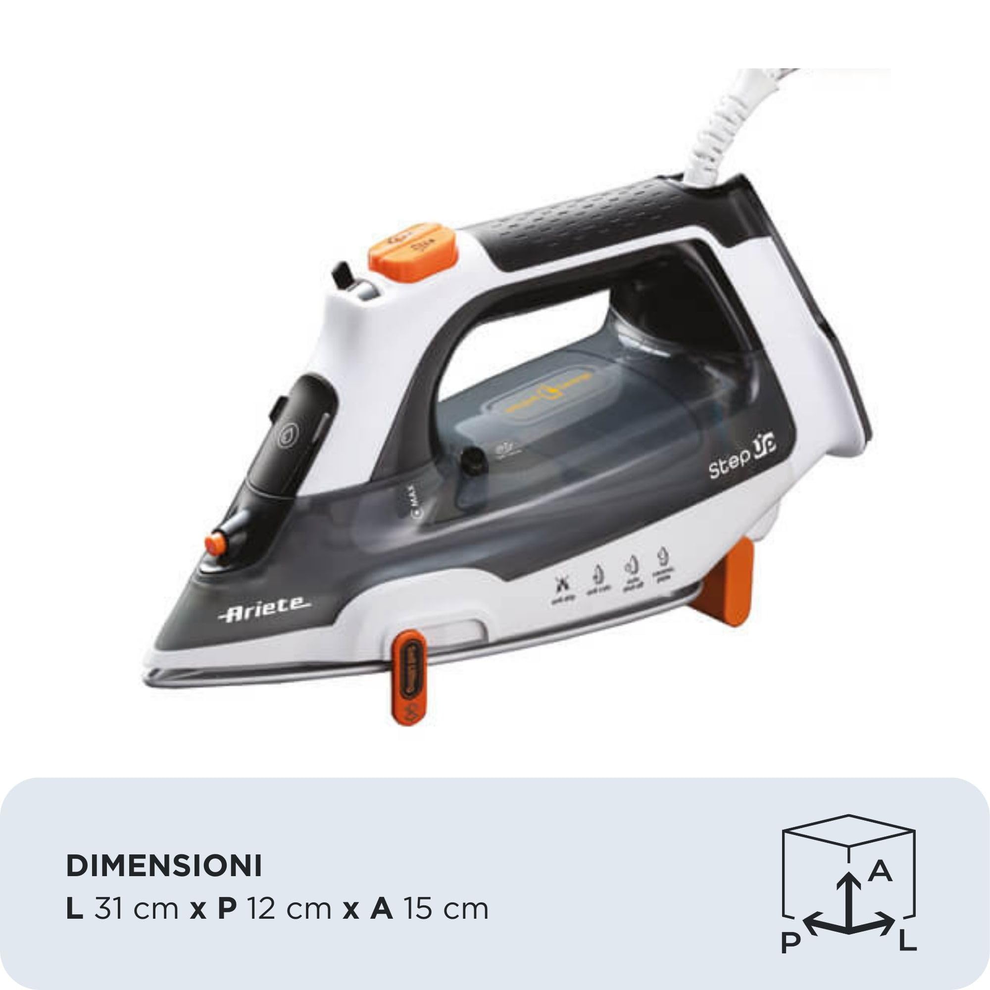 Ariete 6190 Step UP, Ferro da stiro intelligente, Piedini intelligenti, Piastra in ceramica Ultraglide con 57 fori, Serbatoio 320ml, 2400W, Vapore continuo 30g/min
