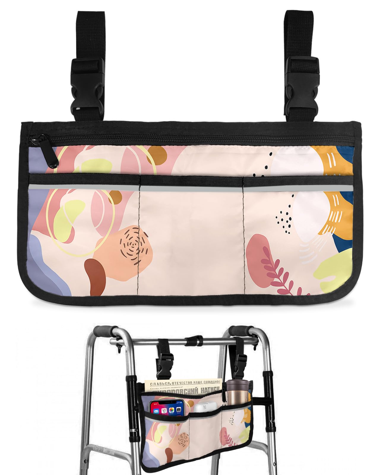 Boho Geometric Wheelchair Side Bag Walker Bag, Simple Colorful Botanical Wheelchair Accessories Armrest Pouch, Organizer Storage Bag for Walkers, Rollators, Scooters, 7.3''x13''