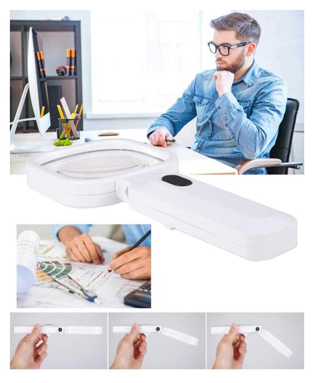 Lupa de Mano con luz, Lente PMMA Plegable 4 LED, para Leer Libros, Publicidad, Instrucciones, periódicos, Contenido de teléfonos móviles, apreciación de Joyas, exploración de Campo, Plantas