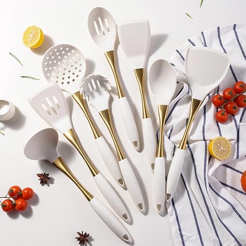 Miniatura 2 de 8 utensilios de cocina de silicona con mango dorado fuerte, esenciales de cocina de goma para el hogar y apartamento, espátula de silicona para