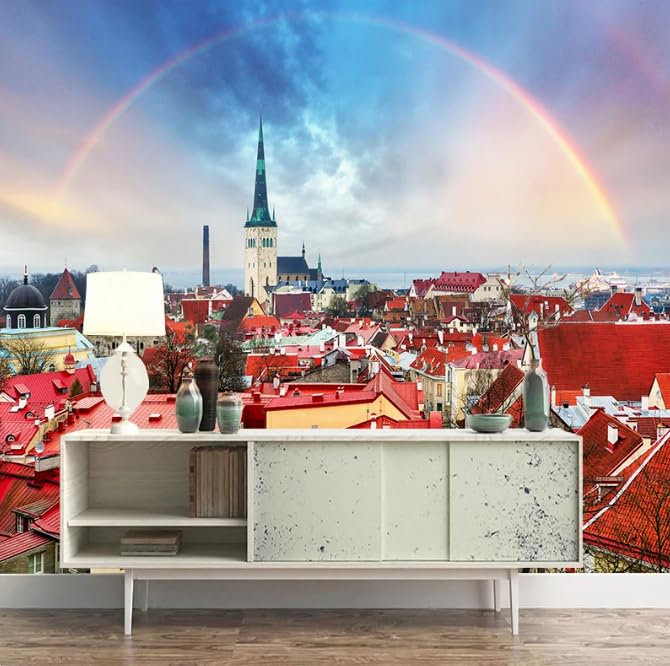Peinture murale vue de la ville arc en ciel 3D pour habiller un salon