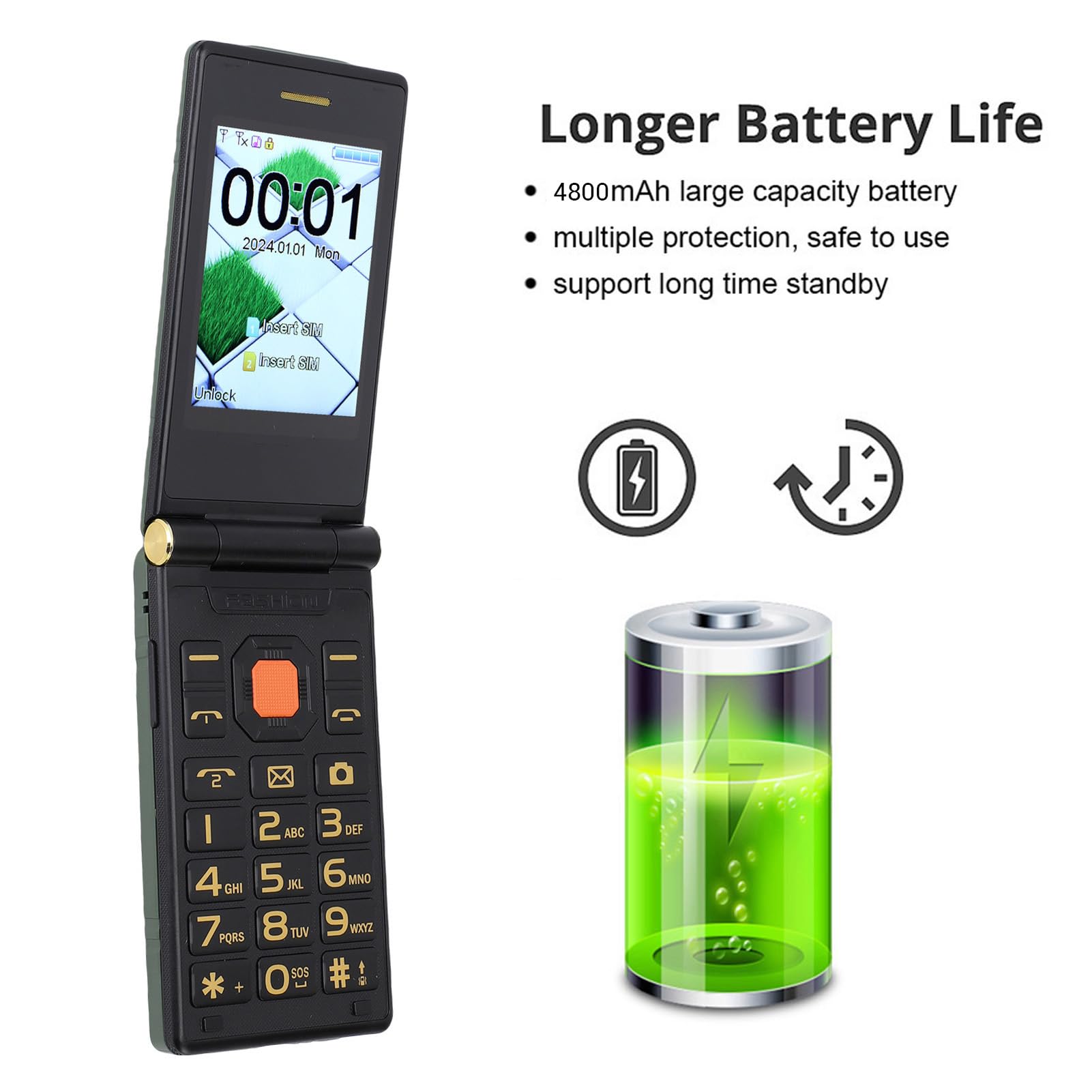 Odwróć Telefon z Dużymi Czcionkami, Transmisja Głosowa, 9 Szybkiego Wybierania, 3,0 „wewnętrzny + 2.6”, Ekran Zewnętrzny, 4800 MAh, Podwójna Karta SIM Odblokowana (GREEN)