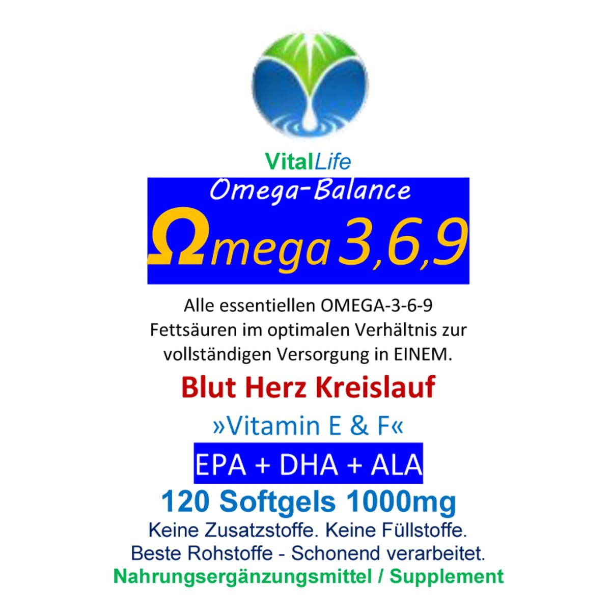 OMEGA 3-6-9 EPA + DHA + ALA - 360 (3x120) Kapseln 2000mg ESSENTIELLE Fettsäuren/Tag - BLUT - HERZ - KREISLAUF - GEHIRN - ZELLEN - CHOLESTERIN - Mit Antioxidans Vitamin E - OHNE ZUSATZSTOFFE. 27060-3