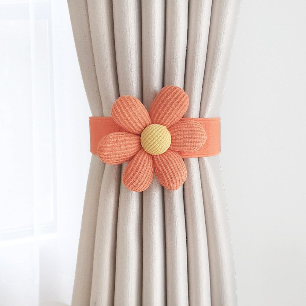 qbodp 2 Pack Flower Curtain Tiebacks Elastic Band Tie Backs for Drapes, Elegant Decorative Curtain Holdbacks for Girl Room, Orange
