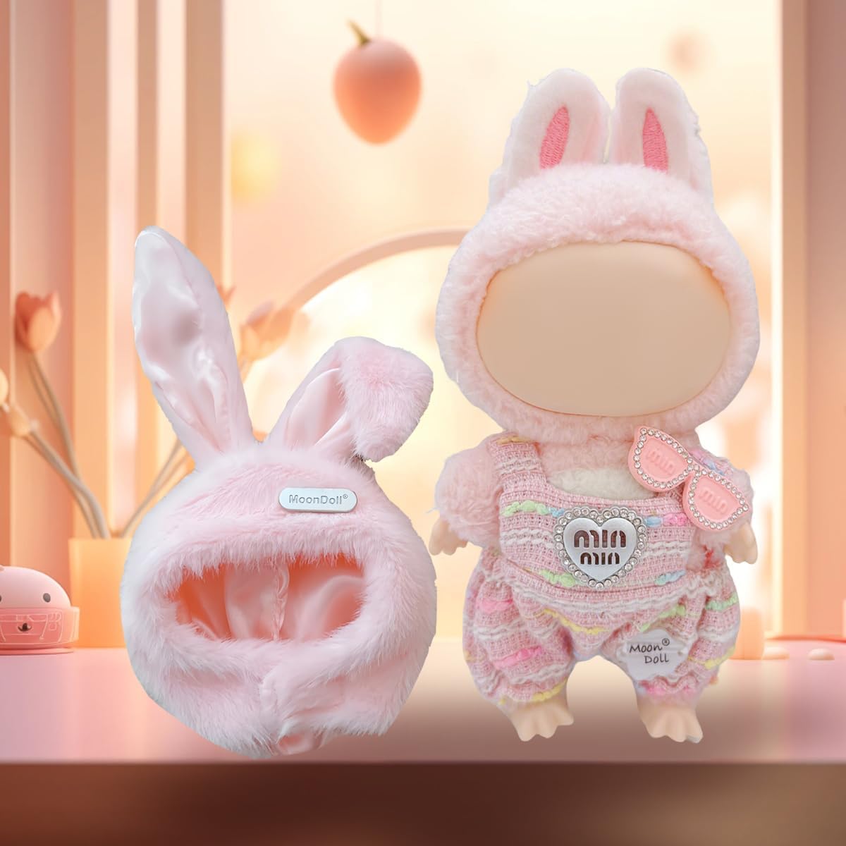 17cm Doll Clothes 3 Piece Pink Kawaii Rabbit Headdress & Overalls Outfits Set for Fluffy Dolls Fashion Adorable Dolls Clothing Accessories Collectible (Pink Style 2) image 4