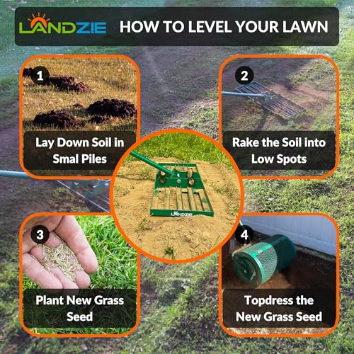 Image of Landzie Lawn Leveling Rake - 30 Inch Wide 72 Inch Handle Powder Coated Yard, Garden, and Lawn Leveling Tool - Professional Lawn Care Landscaping Tools, Green