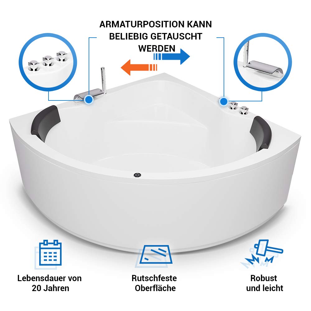 Badewanne 150x150 cm Eckbadewanne Komplettset inkl. Untergestell Ab-Überlauf Schürze Extra stabile Badewanne mit Wannenrandarmatur, LED und 2xNackenkissen Model: Koblenz