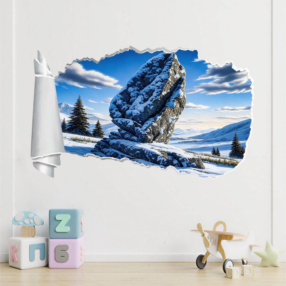 3D Durchbruch Wandtattoo Mädchen Kinderzimmer Stein Wandaufkleber Dekorative Winterliche Naturlandschaft Wandsticker für Junge Teenager Zimmer Wohnzimmer Schlafzimmer Wandbilder Deko