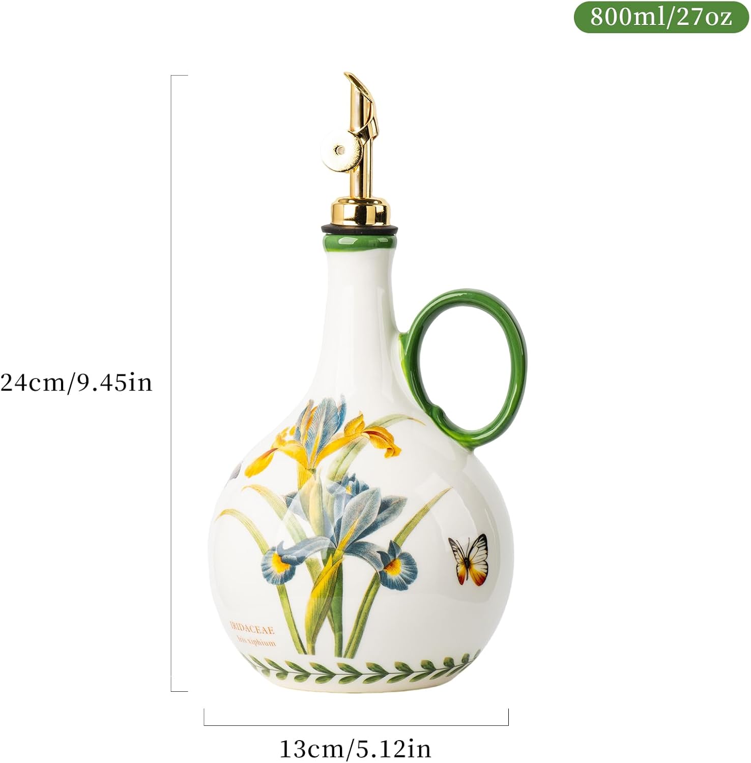 Ceramic Olive Oil Dispenser, 27 oz Floral Pattern Cruet with Auto-Close Spout, 9.45" Tall, Decorative Oil and Vinegar Bottle (iris)
