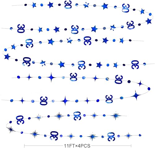 Miniatura 42 de Decoraciones de cumpleaños número 30 color azul aguamarina, guirnalda de estrellas con círculos y lunares metálicos para colgar en banderines, telón