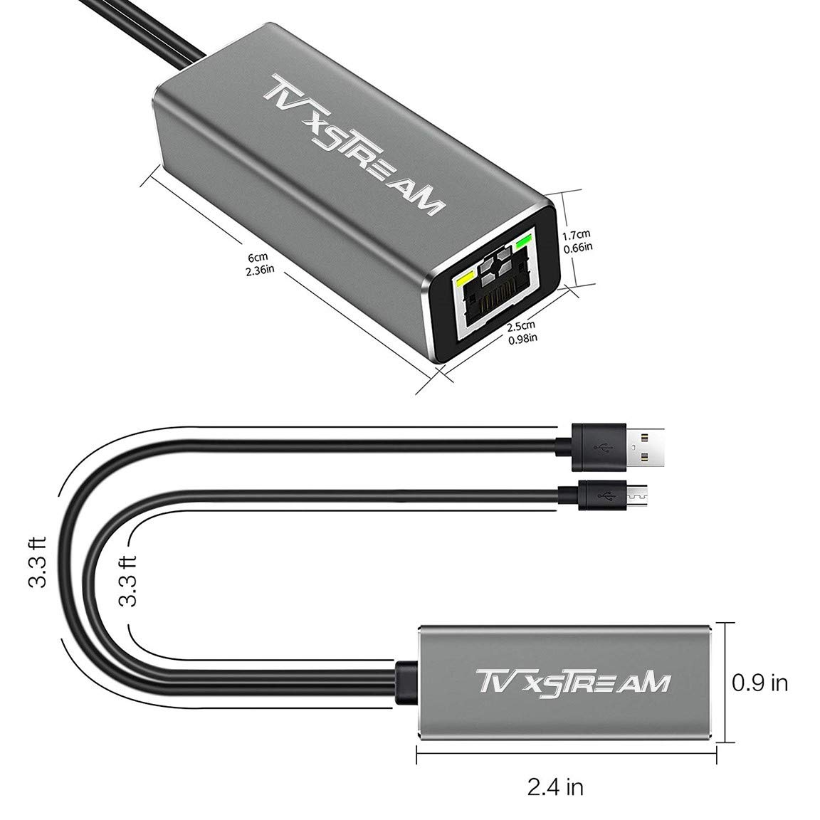 Adaptador USB Ethernet (plateado) para Fire TV Stick Lite/4K/4k Max Firestick o Chromecast con conexión Micro no tipo C, USB a RJ45 Ethernet, cable de alimentación USB de 1 m, velocidades de hasta 100