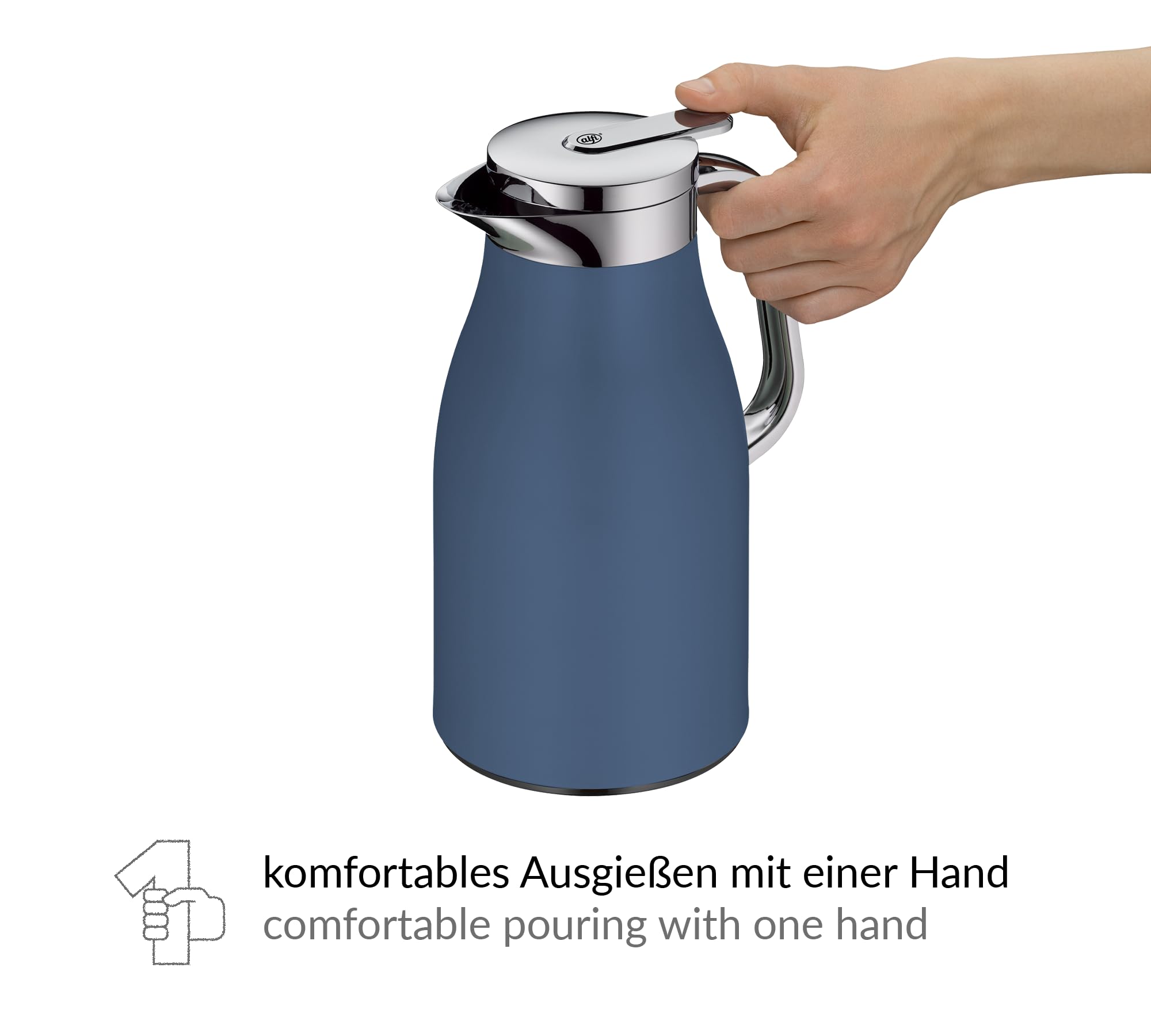 alfi SKYLINE Pichet isotherme en acier inoxydable avec insert en verre trempé hygiénique, bouchon à vis avec bouton poussoir confortable, poignée ergonomique, idéale comme cafetière, théière, sans BPA