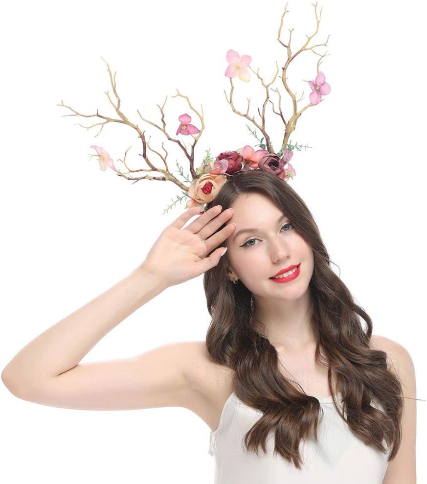 Beaupretty Reindeer Antlers Headband Tree Branch Antlers Headband Deer Flower Elk Hair Hoop Cosplay Headpiece (Light coffee)