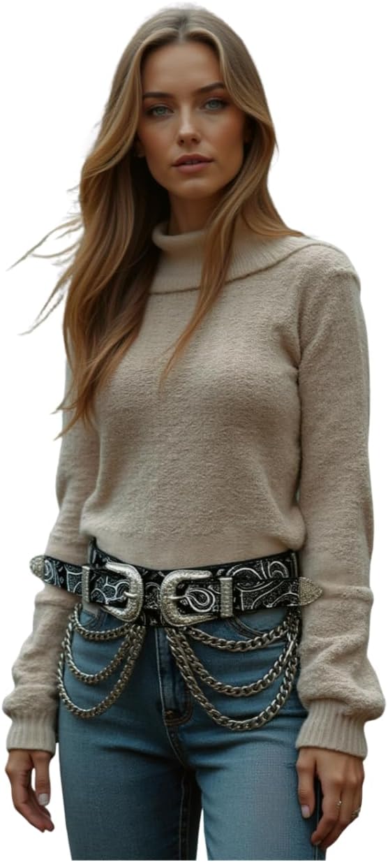 Women Western Fashion Wide Paisley Belt Black Faux Leather Silver Double Buckles Chain S Mz219 - Image 3