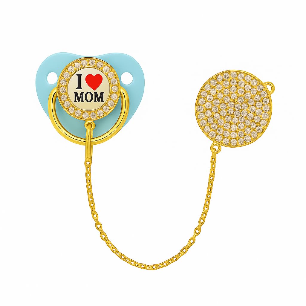 Bling Baby Pacifier with Decorative Chain – BPA-Free Silicone Nipple | I Love Mum Design | Blue & Gold-image-15