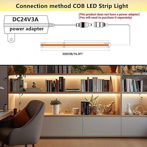 Miniatura 4 de PISIN Tira de luz LED COB de 24 V, color blanco natural, 4000 K, IP20, luz uniforme que emite 480 LEDsM, 16.4 pies16.4 ft, CRI90, flexible y