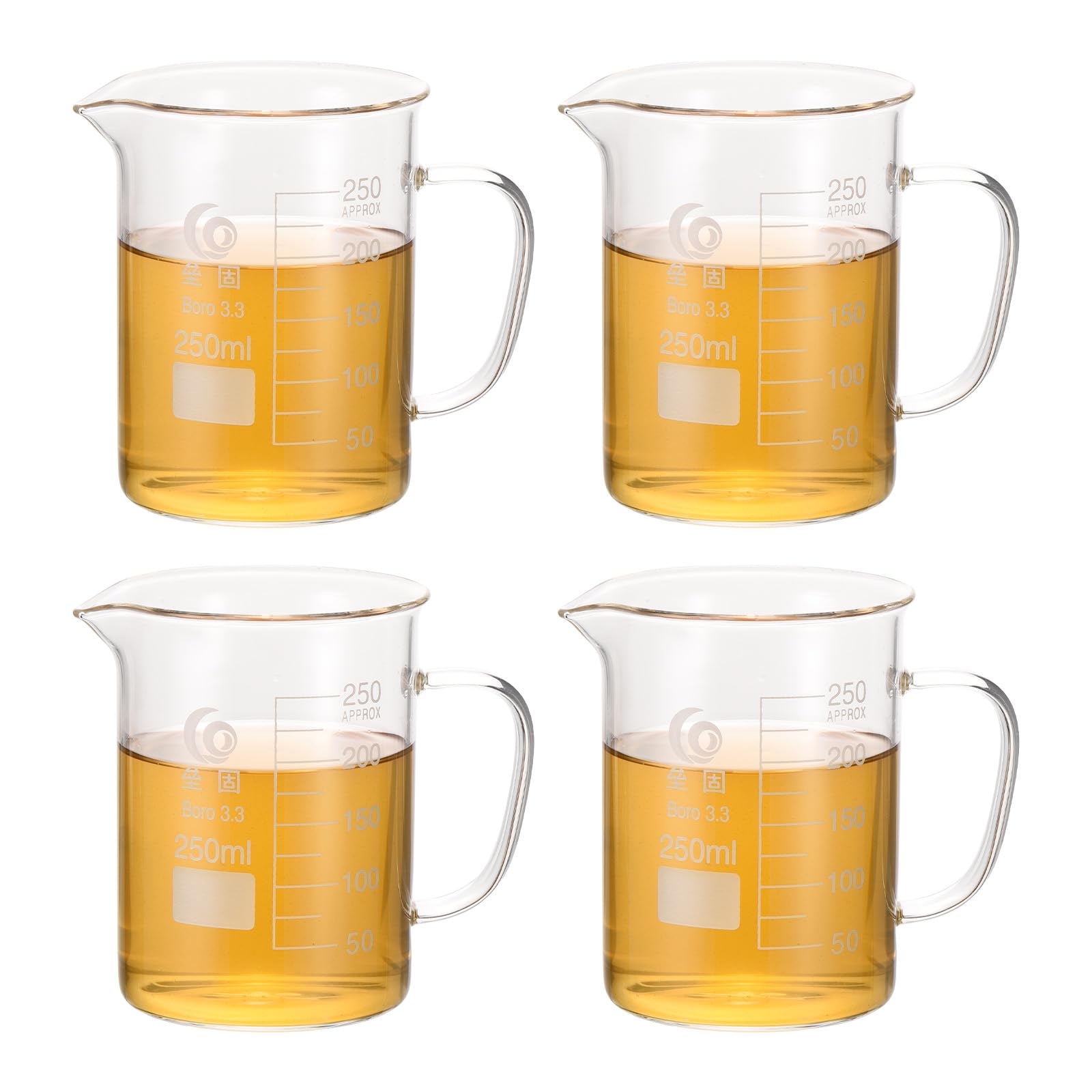 PATIKIL 250ml Becher In Vetro, 4Pcs Becher 3.3 Vetro Borosilicato Becher Graduati Con Beccuccio Per Esperimenti Di Laboratorio, Cucina E Pasticceria, Trasparente