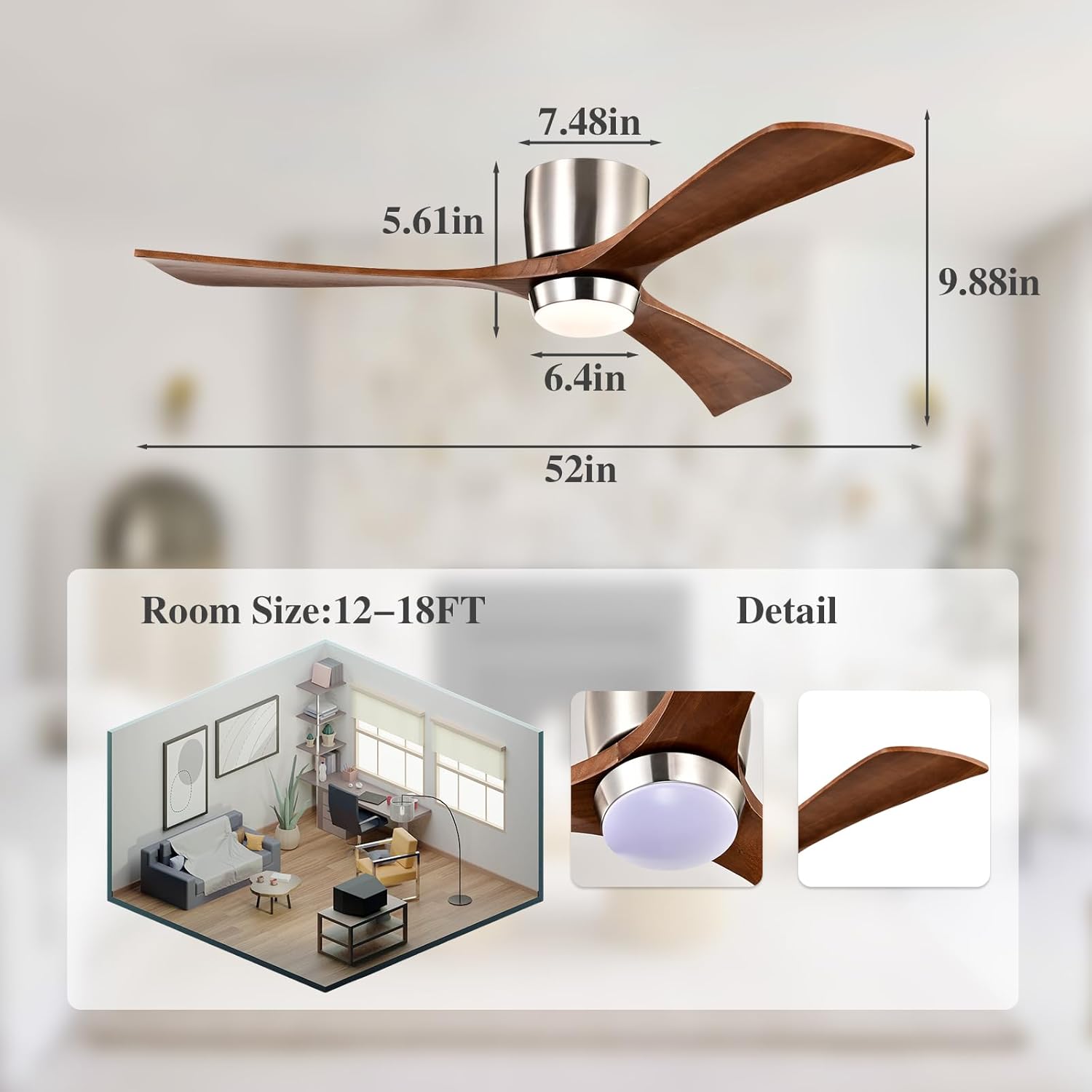 52" Wooden Flush Mount Ceiling Fans with Remote Control, Dimmable Low Profile Chandelier Fan with LED Light Modern Fandelier for Living Room Nickel Walnut