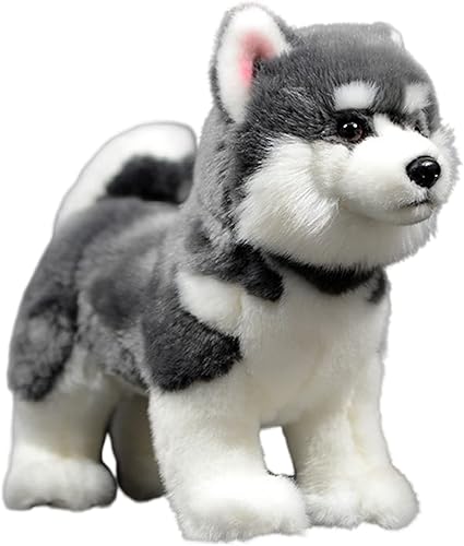 FRANKIEZHOU Peluche de Husky realista de 11 pulgadas, color gris Alaskan Malamute de peluche, juguete realista de peluche para perro, juguetes para