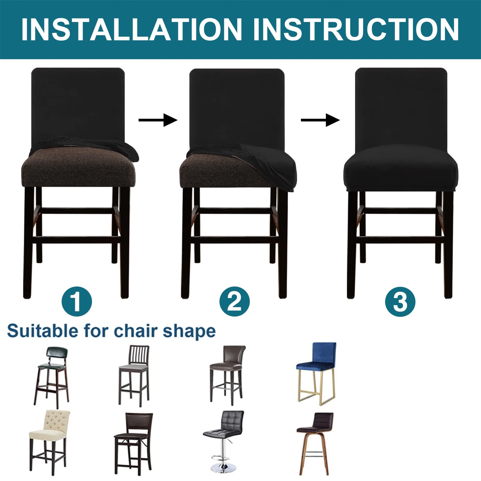 Elástico Fundas de Silla de Bar con Respaldo, Terciopelo Cubiertas para Taburete de Bar Funda para Taburete de Bar Protector para Giratorio Cocina Desayuno Sillas,Negro,6PCS