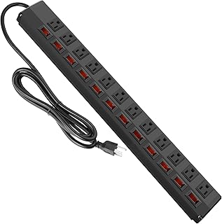 12 Outlet Heavy Duty Power Strip with Individual Switches,Wall Mount Power Strip Surge Protector for Appliances,6FT Cord,1200J 15A 1875W
