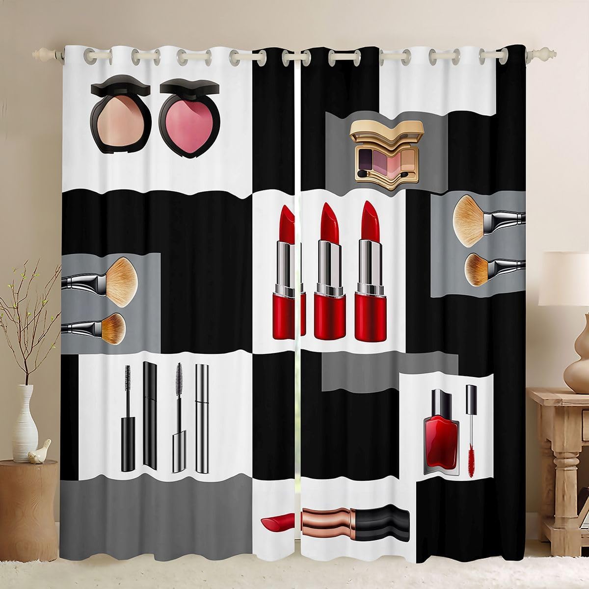 Erosebridal Fashion Cosmetic Window Treatment 76"X54", Red Lipstick Curtains, Women Girly Black and White Window Curtains, Funny Eyeshadow Palette Draperies for Valentine's Day Present