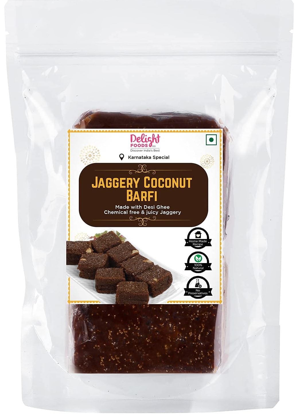 Delight Foods Homemade Jaggery Coconut Barfi - 325g (16 pieces Pack) || Thengai Burfi / Nariyal Barfi / Coconut Burfi / Kobbari Louju / Kobbari Methai