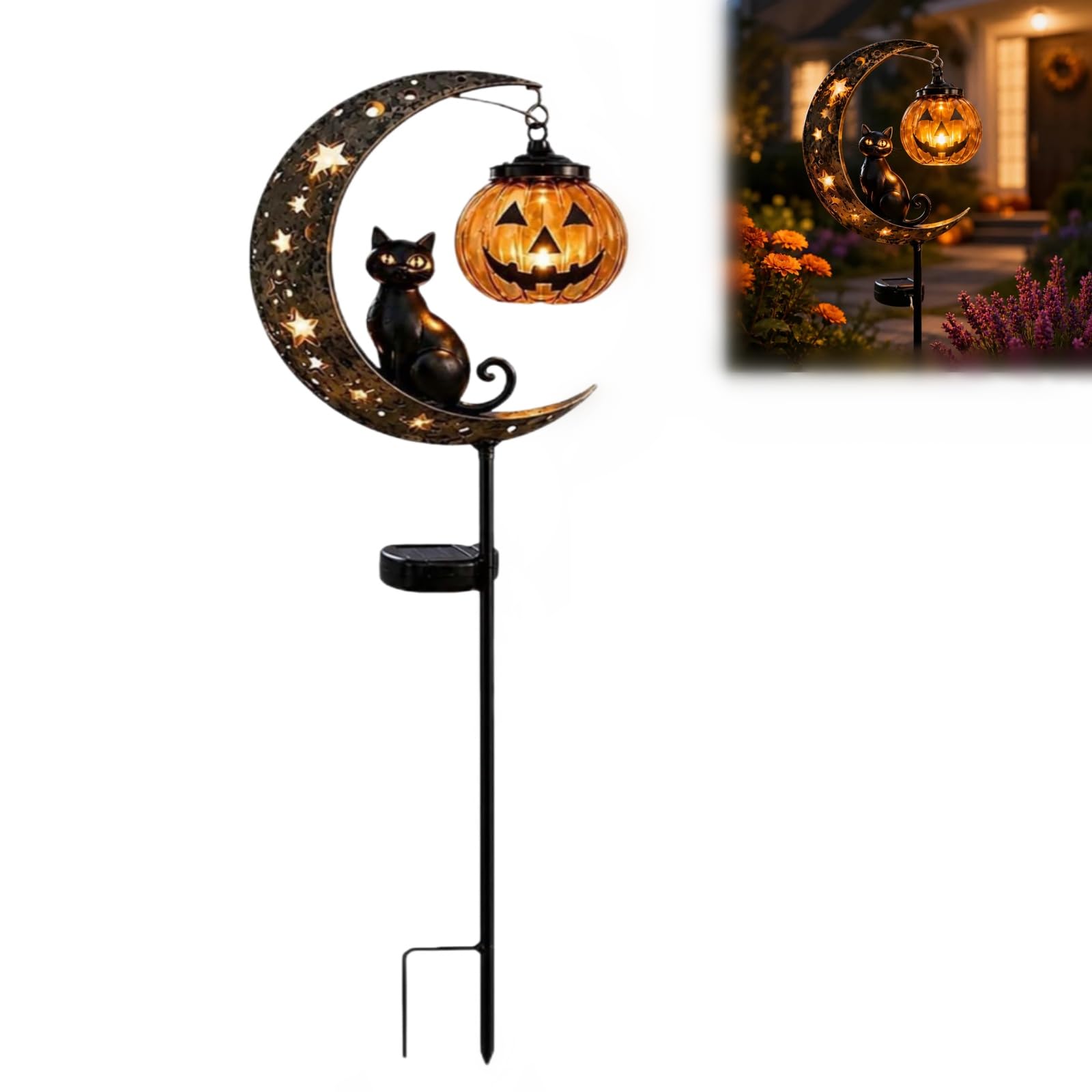Solar Halloween Black Cat & Pumpkin Moon Garden Stake Light, Outdoor Waterproof Halloween Decoration LED Pathway Lamp with Crescent Moon, Hanging Pumpkin Lantern for Patio Yard Lawn Decor (C-1PC) — image 1