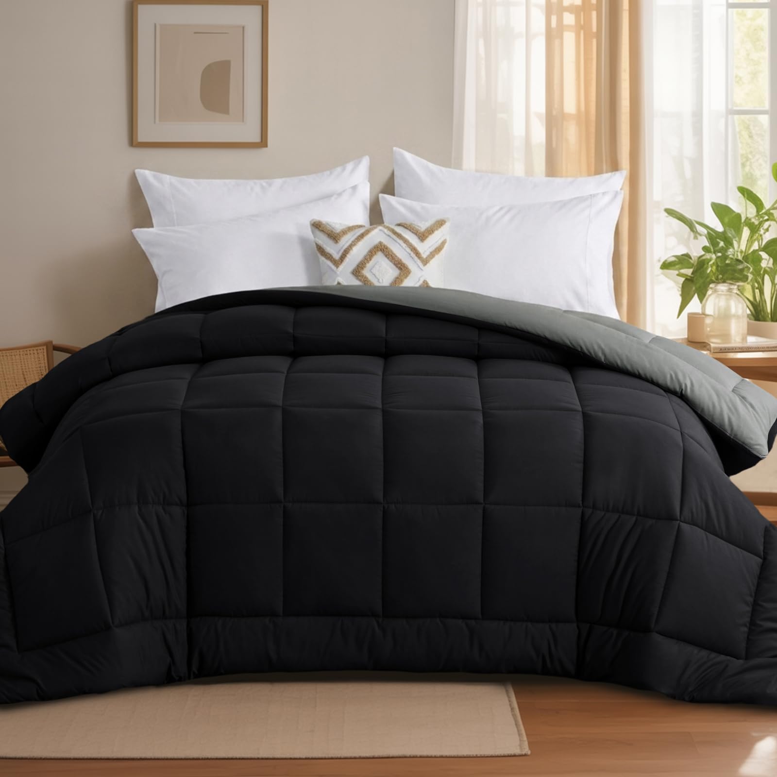 Tifschlaf Coverless Duvet King Size 10.5 Tog - Reversible Kingsize Bed Duvet for All Seasons, Luxury Lightweight Quilt Washable Comforter Only 230x220cm Black/Grey