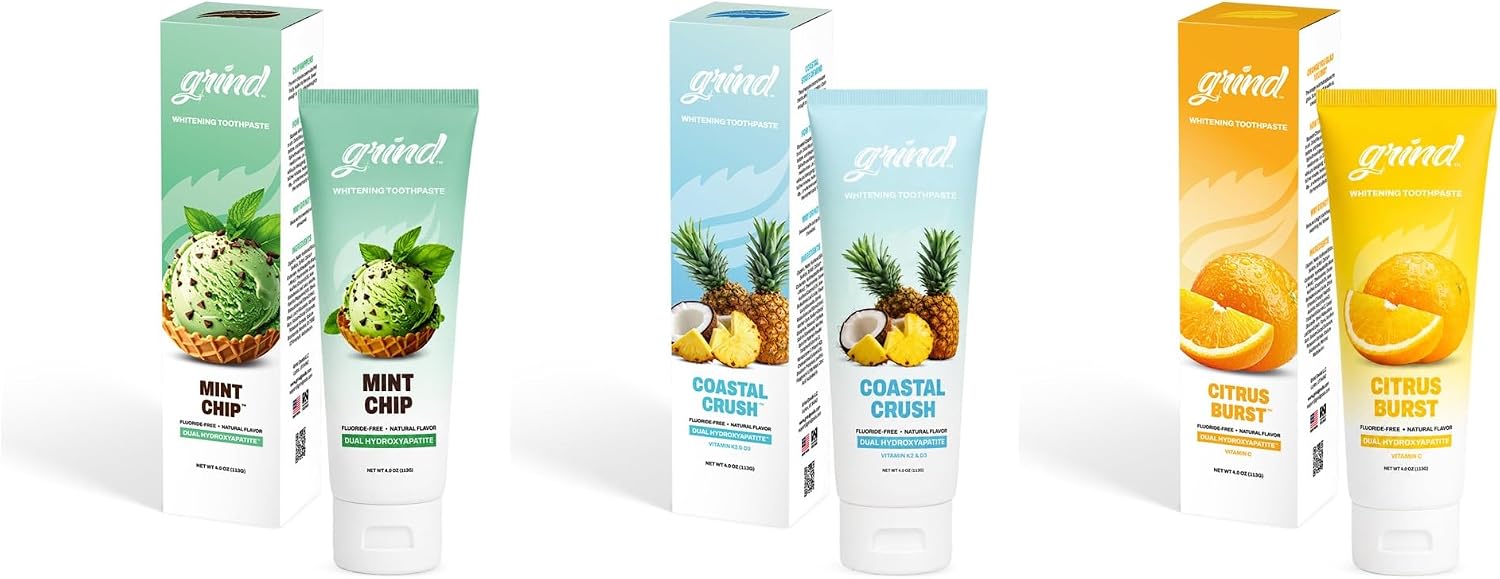 Grind Toothpaste 3-Pack, Nano-Hydroxyapatite Fluoride-Free Formula | Appropriate for Sensitive Teeth, Adult Oral Care | Best Sellers Bundle - Mint Chip, Coastal Crush & Citrus Burst