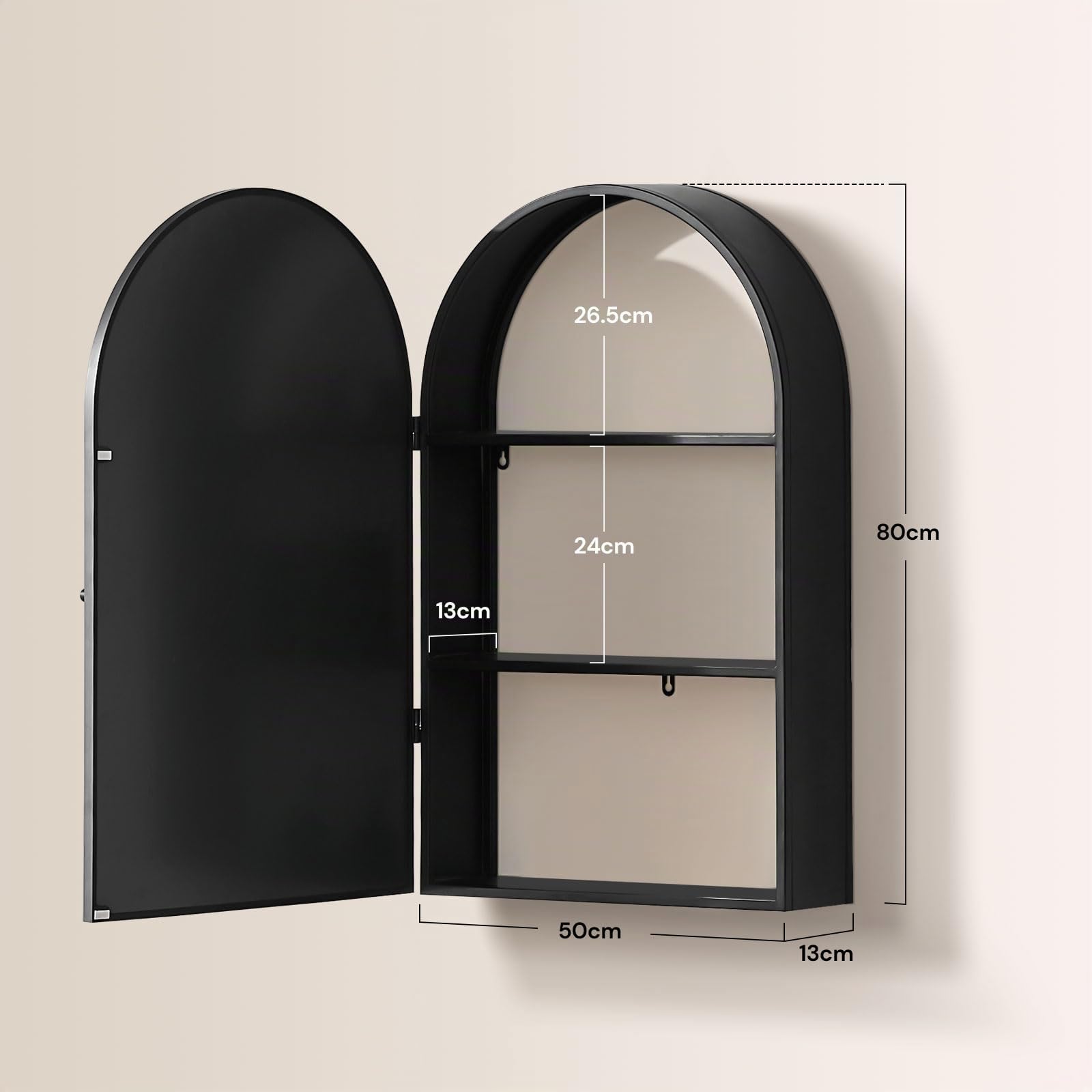 CLIPOP Spiegelschrank 1 Tür, 50×80 cm, schwarzer Rahmen, 2 Ablagen