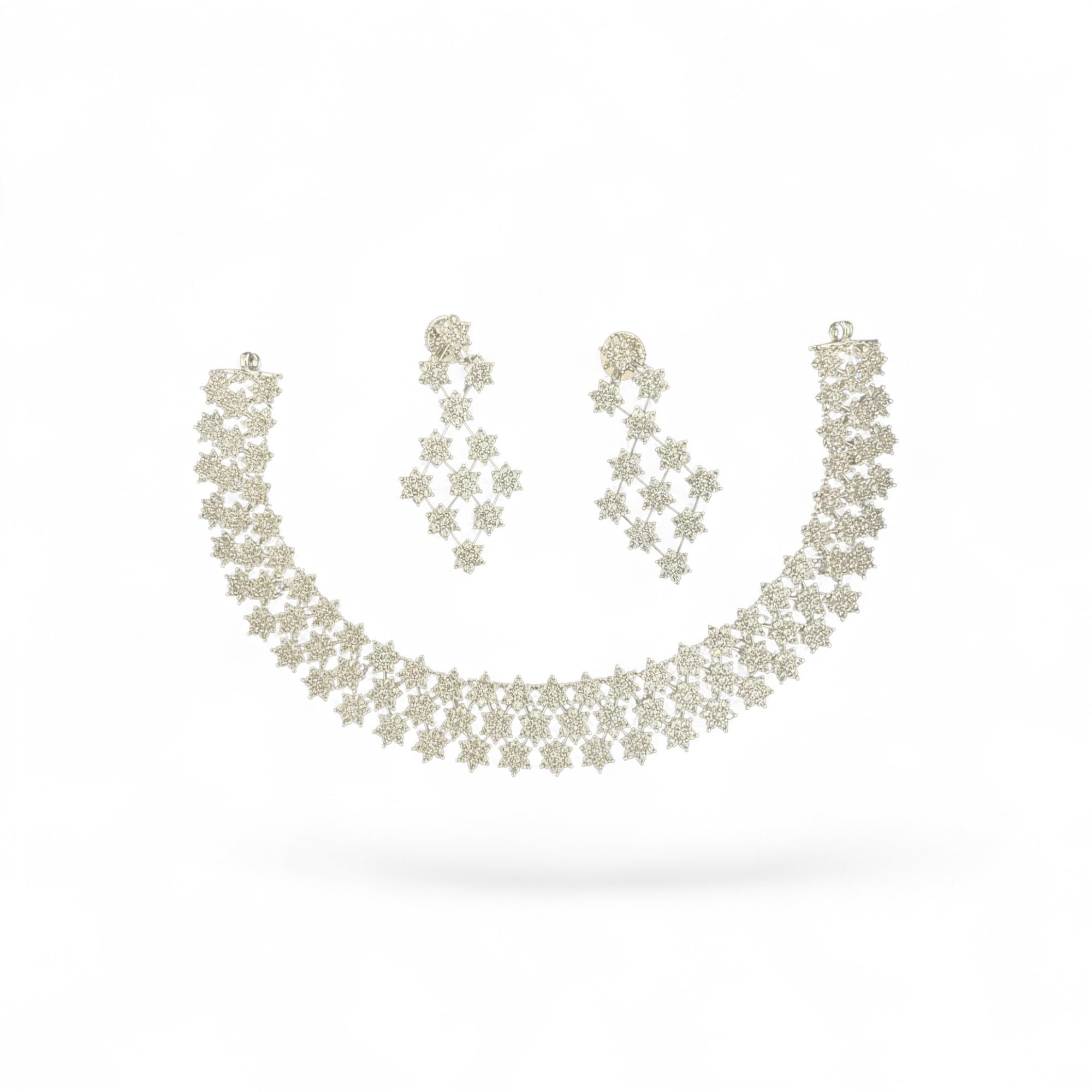 7 Stone Silver Necklace with matching Earrings | Elite Quality | (Rhodium) (Crystal White, 3 Line)