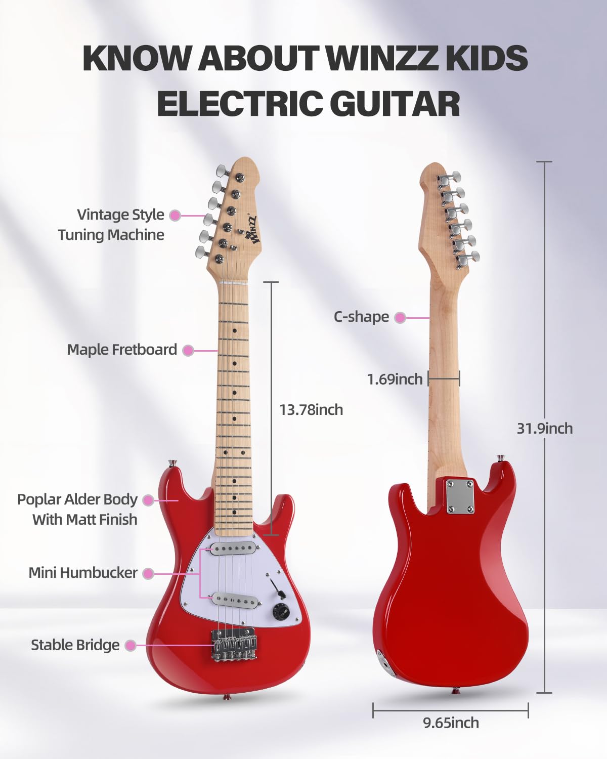 Winzz 30-Zoll-E-Gitarren-Einsteiger-Set für Kinder, Junior-E-Gitarre im Mini-Format (1/4 Größe) für Kinder, Komplettset für Einsteiger mit Verstärker, Glänzende Rote Farbe