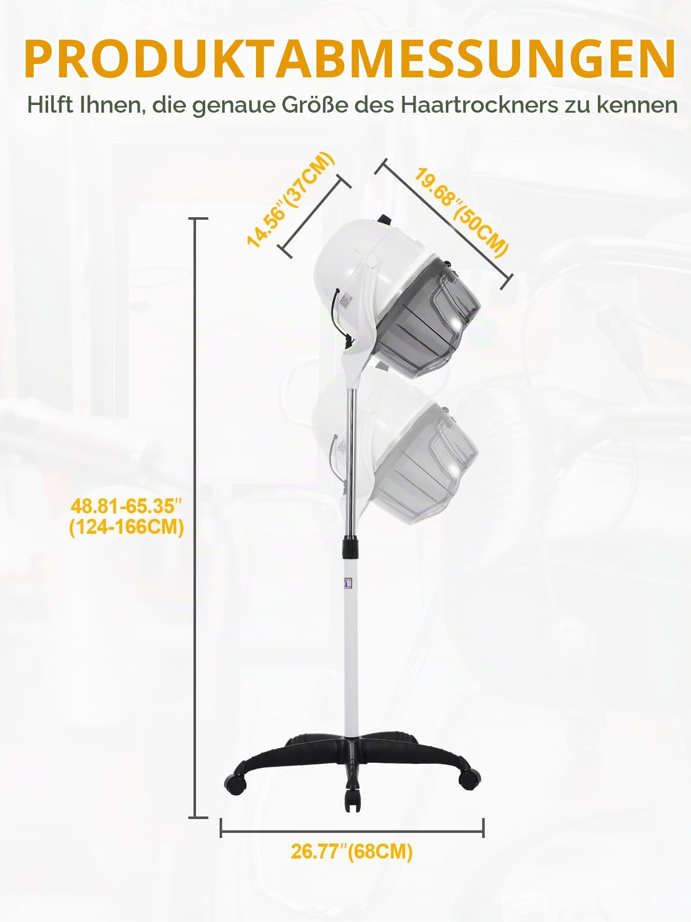 Haartrockner mit Stativ, Profi 1050W Friseur Haartrockenhaube, Höhenverstellbar 78-128cm, Schaltuhr 0-60 Min, Verstellbar Temperatur 0-75℃, Trockenhaube für Friseursalon, Weiß