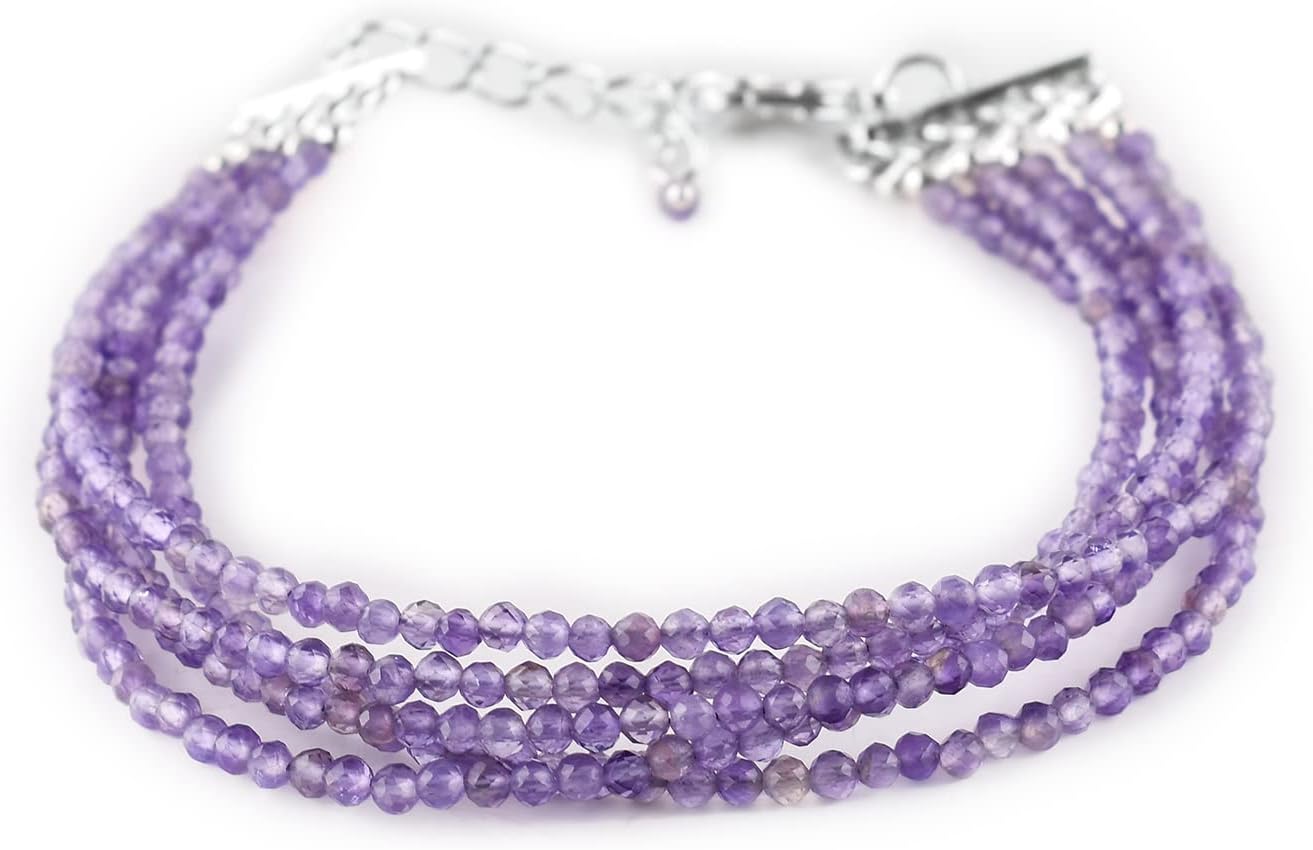 YANARA Gemstone Bracelets For Women Birthstone, Natural Gemstone Layered Micro-Beads, Dainty Handmade Jewelry Chakra Energy Healing Crystals Silver Plated Chain 8 inch Adjustable