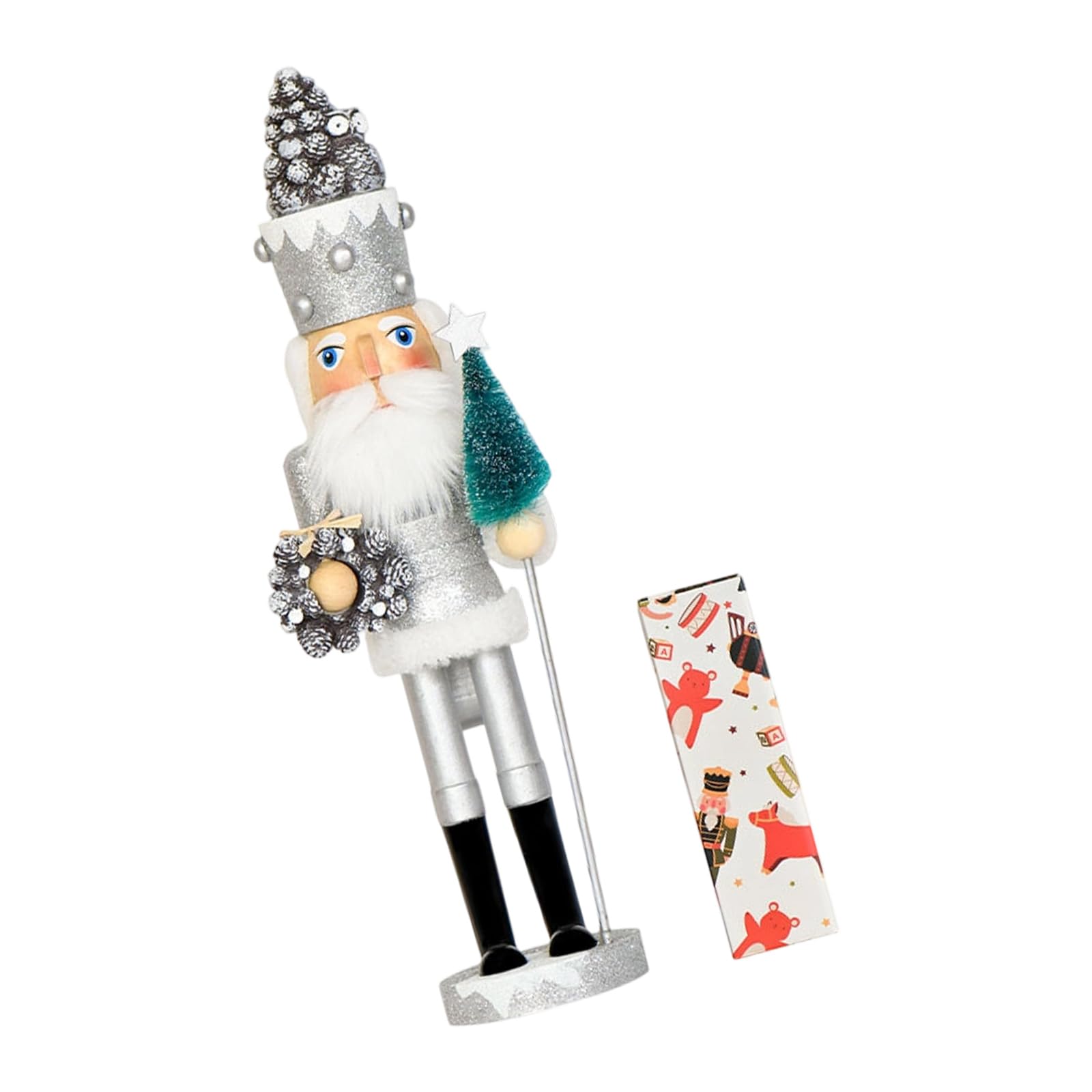 Kaeltsyn 42Cm Wooden Nutcrackers Christmas Tree Holding Silver Wreath Ornament Perfect for Holidays Celebration Artistic Holiday Ornament