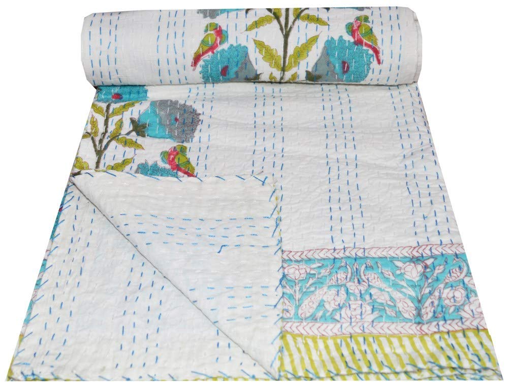 YUVANCRAFTS Indian Handmade Cotton Kantha Quilt Traditional Floral Print Twin Quilt Blanket Bedspreads Throw (White)