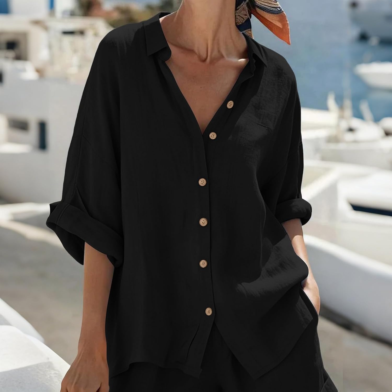 Two Piece Cotton Linen Outfits for Women Summer Casual Half Sleeve Button Tops and Loose Shorts Casual Lounge Sets