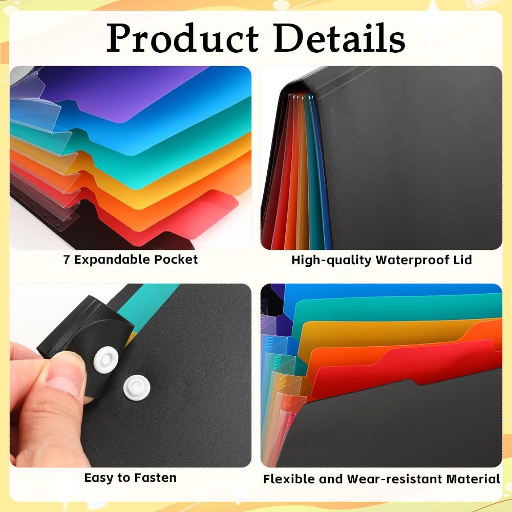 Expanding File Organizer, Accordion File Folders with 7 Pockets, Portable Paper Bill Letter A4 Size Receipt Organizer, Document Folder with Colorful Blank Labels for Home Office School Supplies, Black image 3