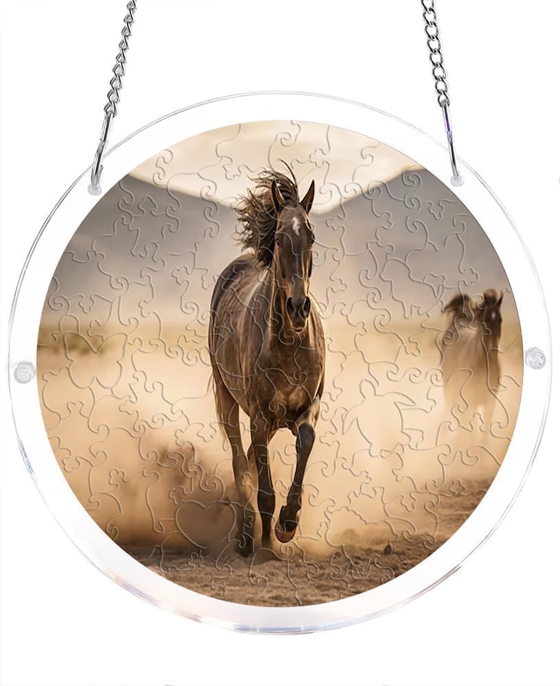 Running Horse in Desert Landscape Acrylic Jigsaw Puzzles Suncatcher, 8.9 Inch Window Hanging Suncatcher Acrylic Puzzle, DIY Home Decor Art Gift