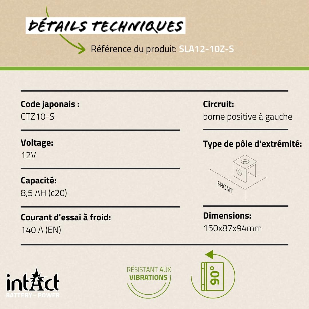 intAct - AGM BATTERIE MOTOCYCLE | Batterie pour scooter, moto, quad, etc. Batterie sans entretien & anti-fuite | SLA12-10Z-S, CTZ10-S, batterie 12V, 8,5 AH (c20), 140 A (EN) | Dim : 150x87x94mm