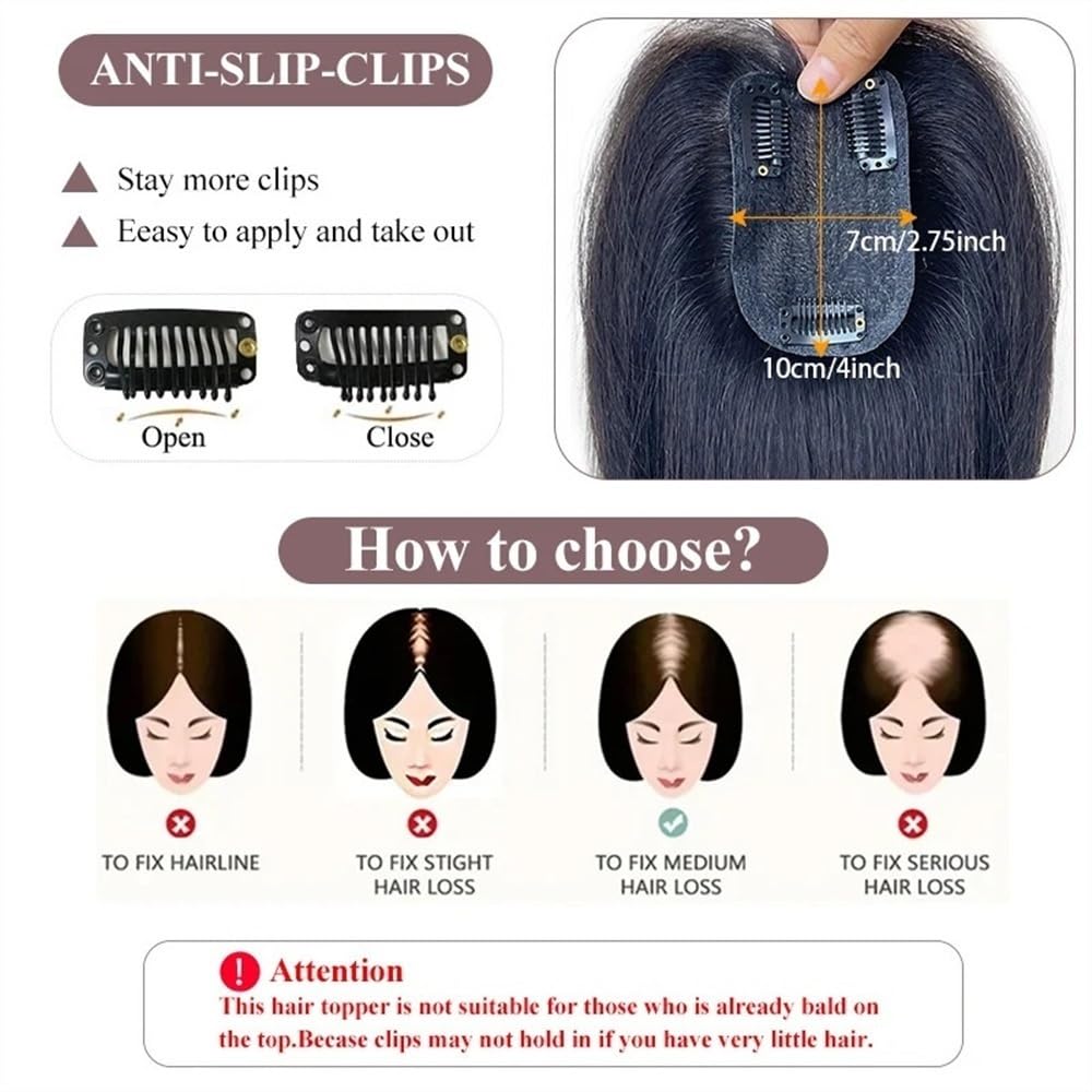 Topper for capelli umani da donna 7×10 cm legati a mano traspiranti con base in seta, clip invisibile da 10" nei posticci(Dark brown)