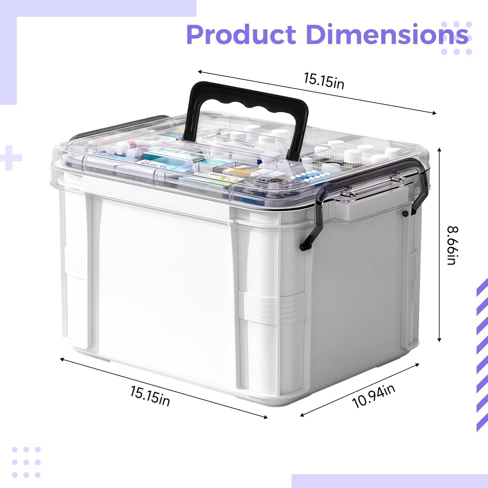 Grande organizer per la casa, bianco con coperchio trasparente e manico nero, scomparti divisi per 4-5 persone famiglia, 38,51 x 27,79 x 22 cm, contenitore in materiale PP per oggetti essenziali per