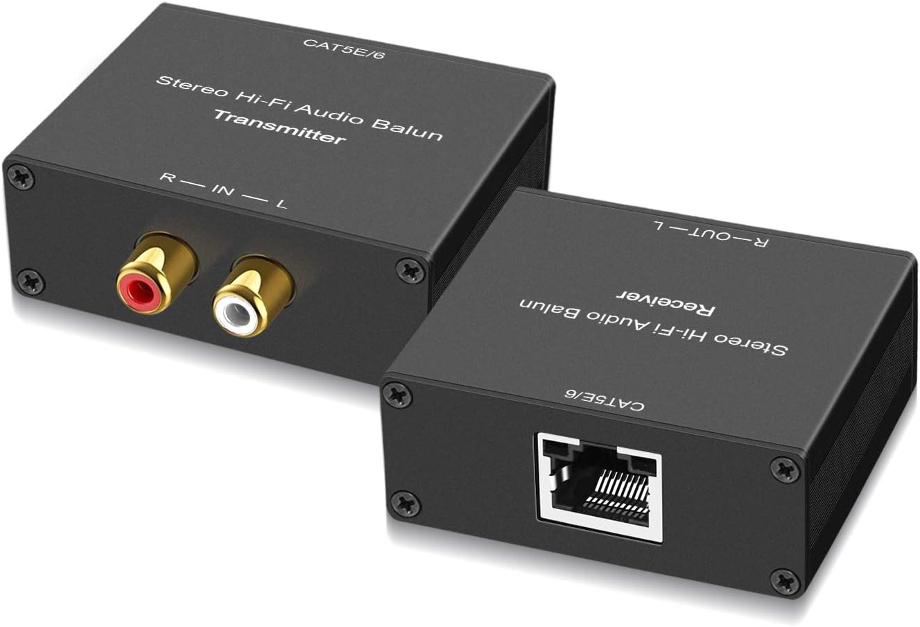 Stereo Hi-Fi Audio Balun, Analog Audio Extender, Stereo RCA to Stereo RCA Audio Over Cat5e/Cat 6 Extender