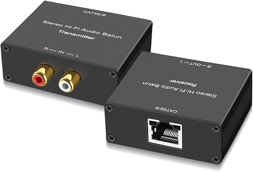 Stereo Hi-Fi Audio Balun, Analog Audio Extender, Stereo RCA to Stereo RCA Audio Over Cat5e/Cat 6 Extender