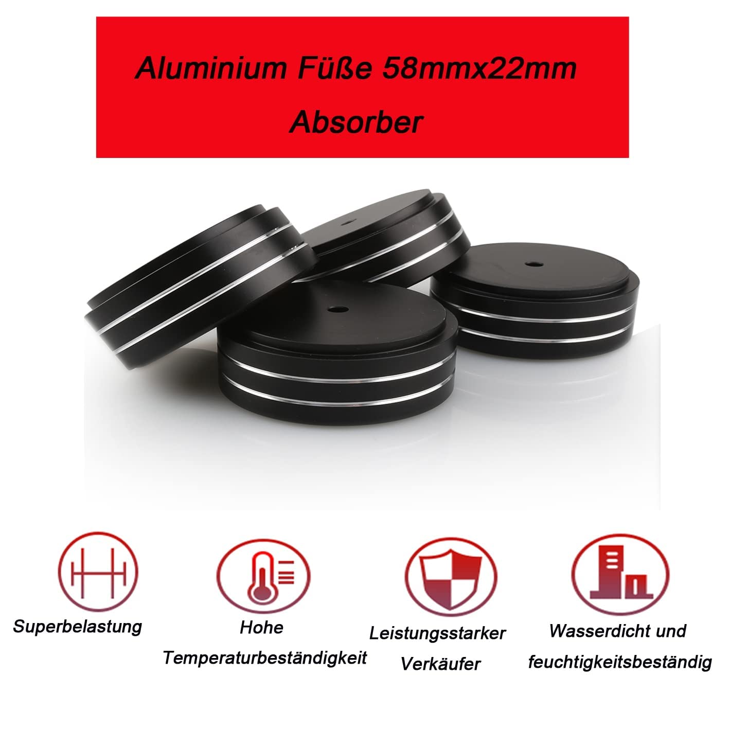 Piedini in alluminio 58x22 mm ammortizzatori vibrazioni HiFi nero con viti e anelli antiscivolo