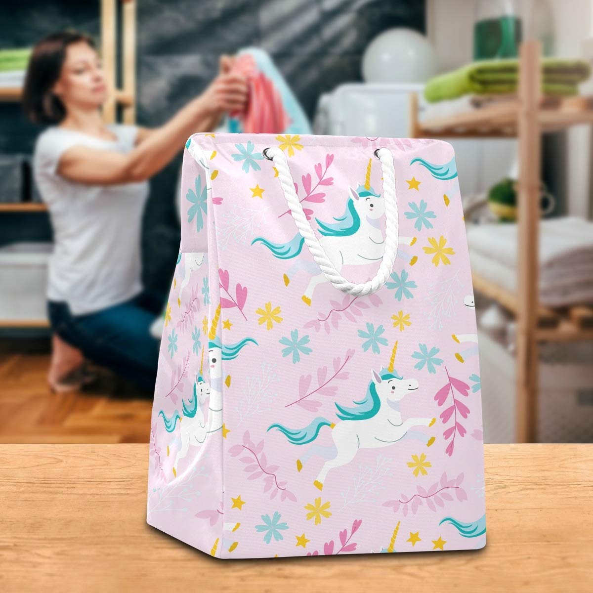 Bolsa de lavandería grande con diseño de unicornio, color rosa