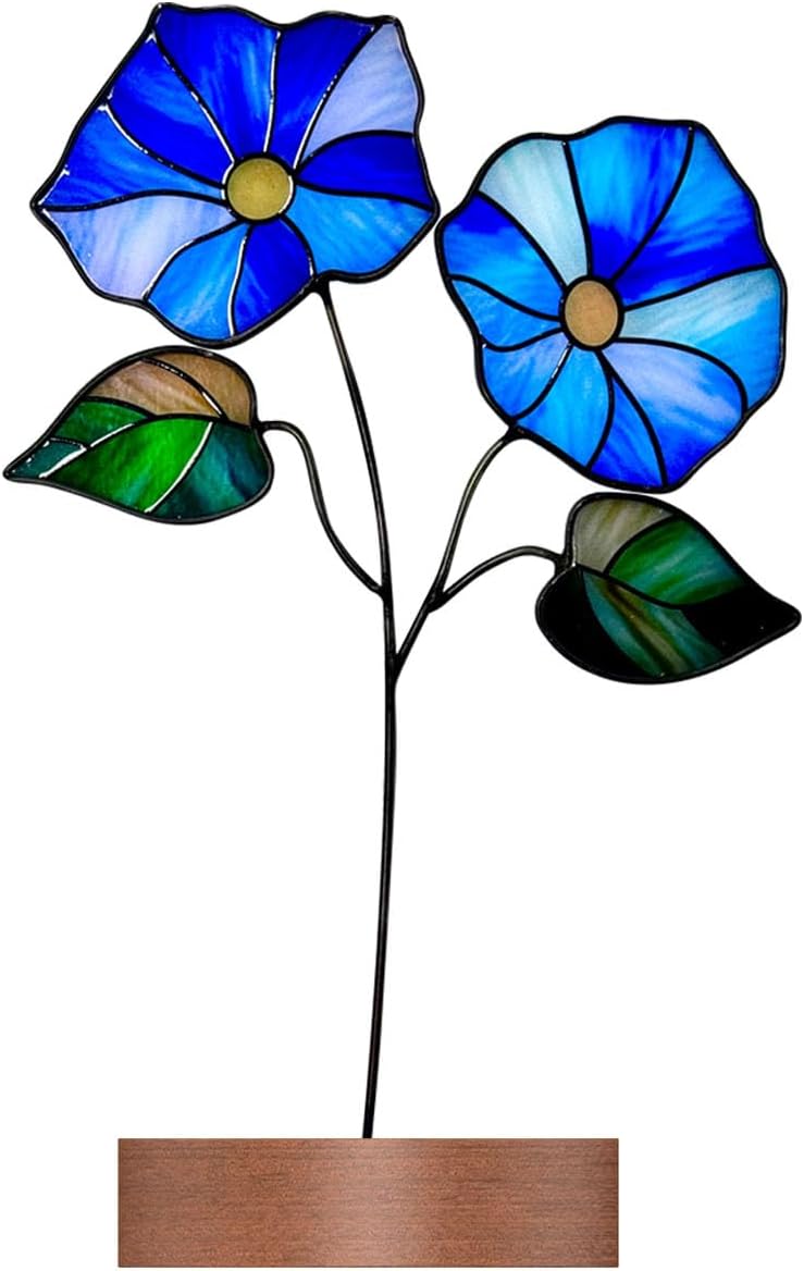 Sun Catcher Glass Flower Ornament Stained Slass Flower Decoration Sun Catcher Desktop Potted Plant Decoration as Christmas, Thanksgiving, Valentine's Day, (Blue)