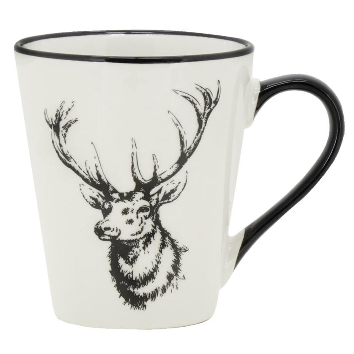AUBRY GASPARD - Lot de 6 Tasses en Porcelaine - Blanc Brillant avec Liseré et Motif Cerf Noir - Ø 9 cm x Hauteur 10 cm - Compatibles Lave-Vaisselle et Micro-Ondes - Arts de la Table