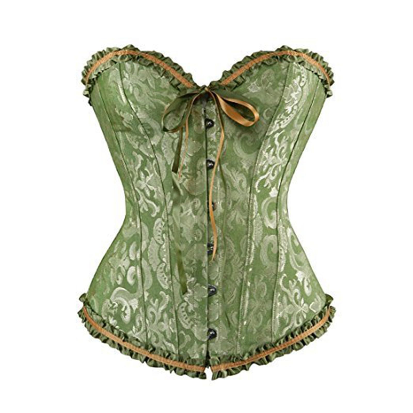 Women's Plus Size Boned Corset Top Overbust Bustier - Floral Lace Up Shapewear Bodysuit with Ruffle Trim, Push Up Waist Trainer for Lingerie & Costume